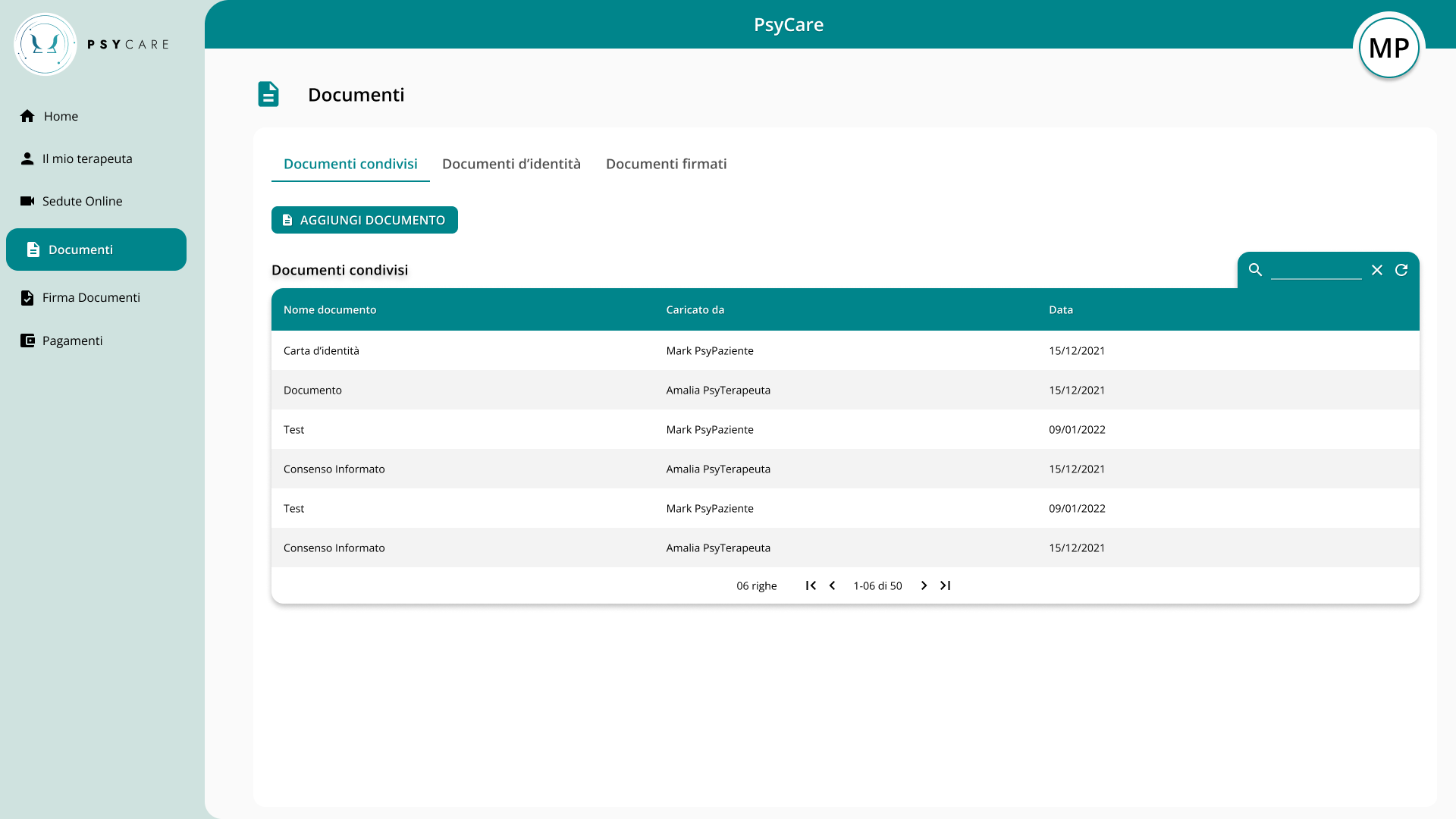 Cartella online dei documenti condivisi dal terapeuta