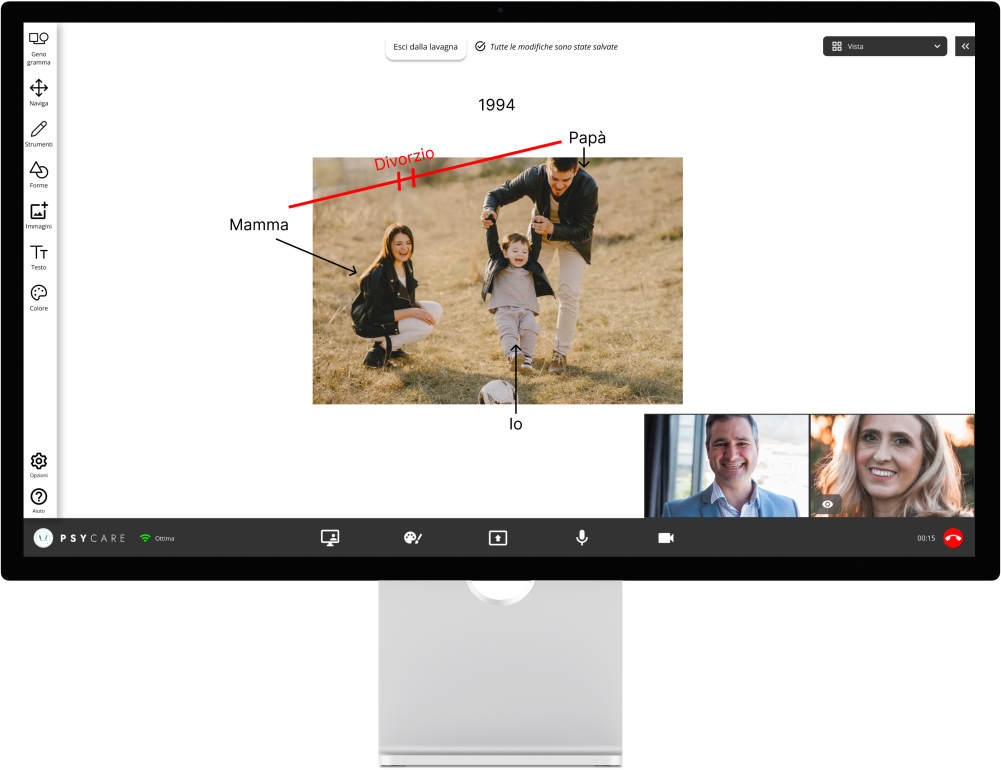 Lavagna virtuale per terapia online con visualizzazione del paziente e della terapeuta durante la seduta - foto con informazioni integrate