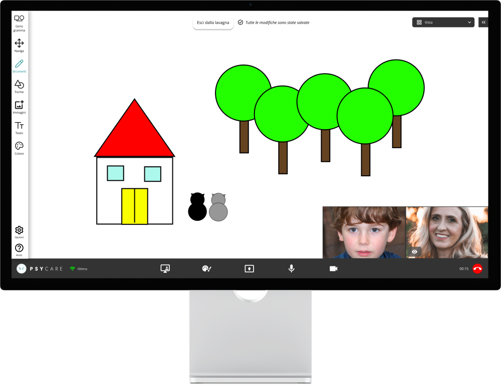 Lavagna virtuale per terapia online con visualizzazione del paziente e della terapeuta durante la seduta - disegno colorato