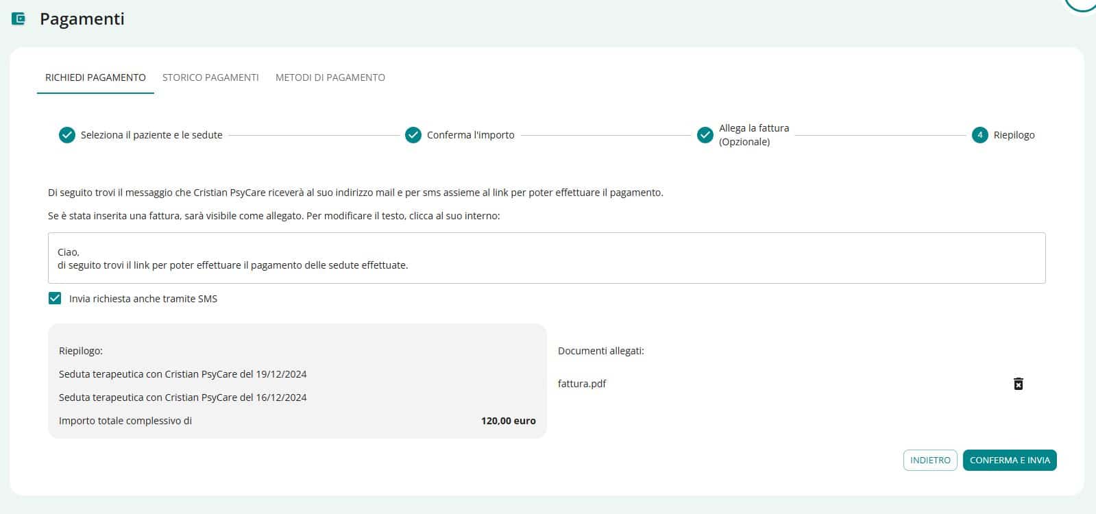 Sezione del riepilogo dei pagamenti richiesti tramite il software PsyCare